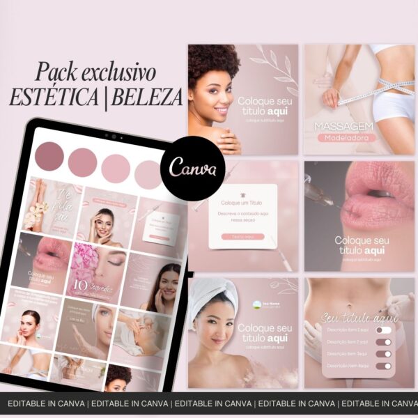 Pack 40 Postagens Editáveis no Canva para Estética e Beleza - MRR | PLR